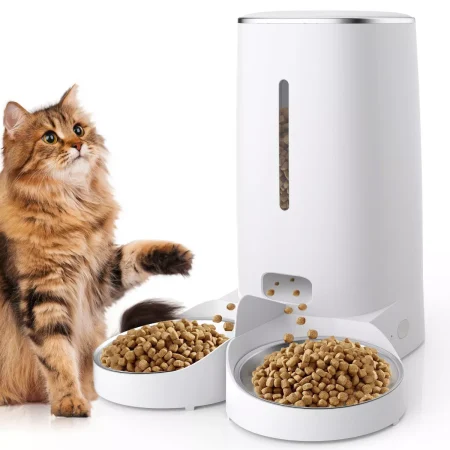Automatic Cat Feeder and Water Dispenser, Quality Stainless Steel Cat Food Bowl and Waterer for Small/Medium Cats, White